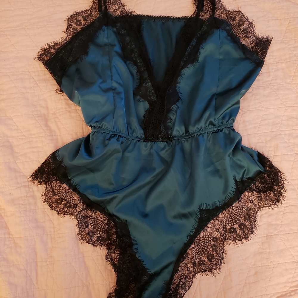 Plus Lace Trim Satin Teddy Bodysuit